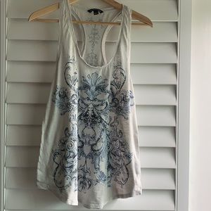 Grey racerback tank with blue embellishments